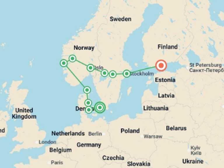 Map of Europe Tour with 6 destination visits for the trip: Copenhagen to Helsinki