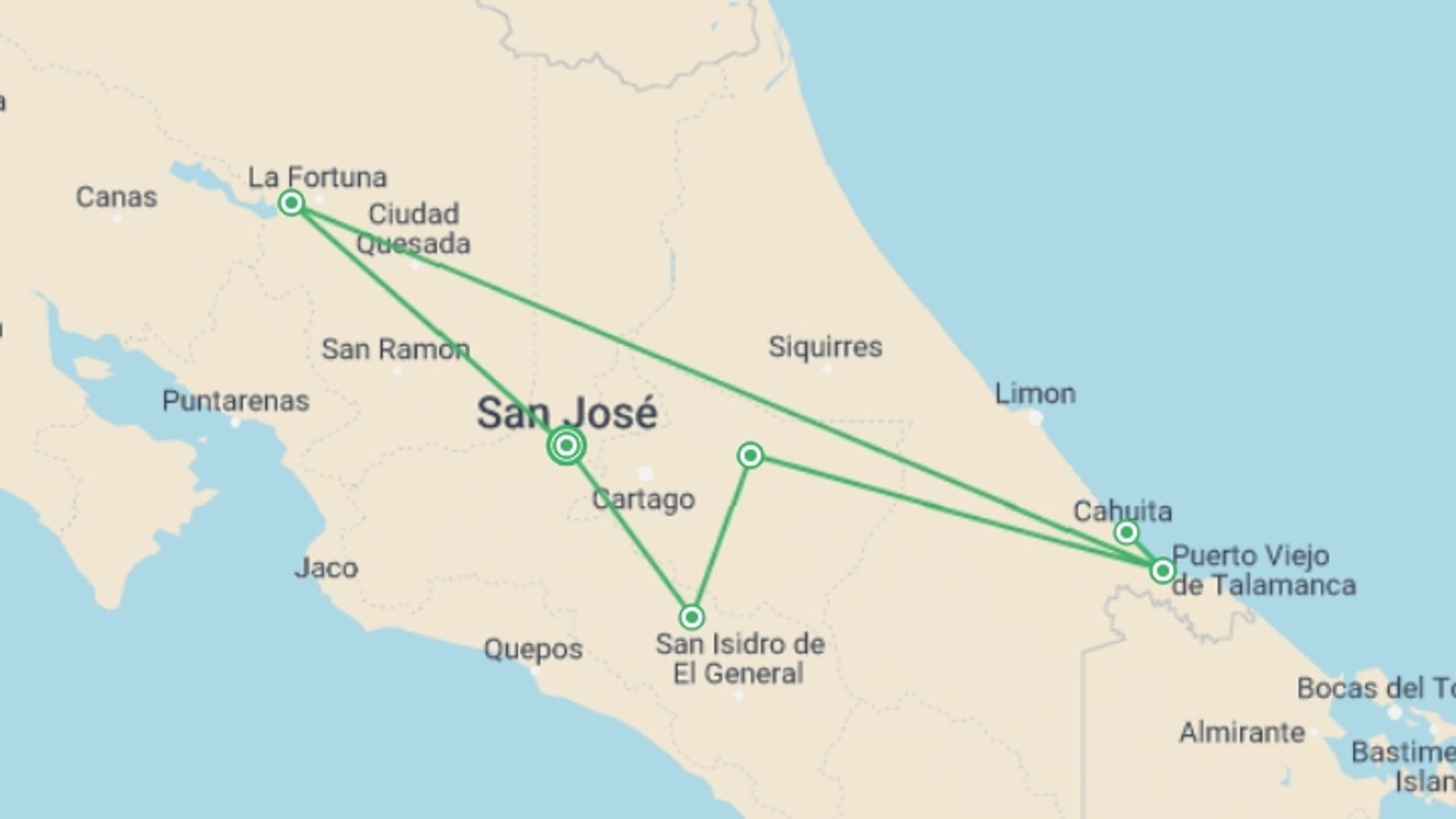 A map showing the tour itinerary for the trip: Wild Jungles And Secret Mountains Of Costa Rica (on Request), starting in San Jose, Costa Rica and ending in San Jose, Costa Rica going through 5 other destinations.