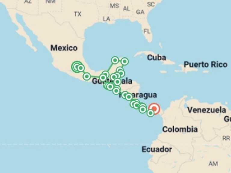 Map of a Sightseeing, attractions, culture and history Tour with 29 destination visits for the trip: Ultimate Central America