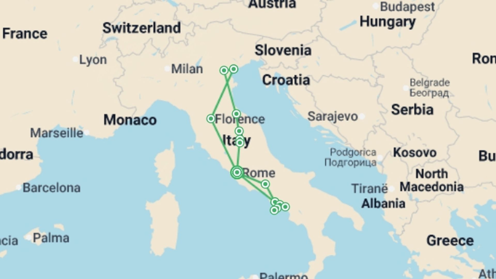 A map showing the tour itinerary for the trip: In the heart of Italy and Campania, starting in Rome, Italy and ending in Rome, Italy going through 5 other destinations.