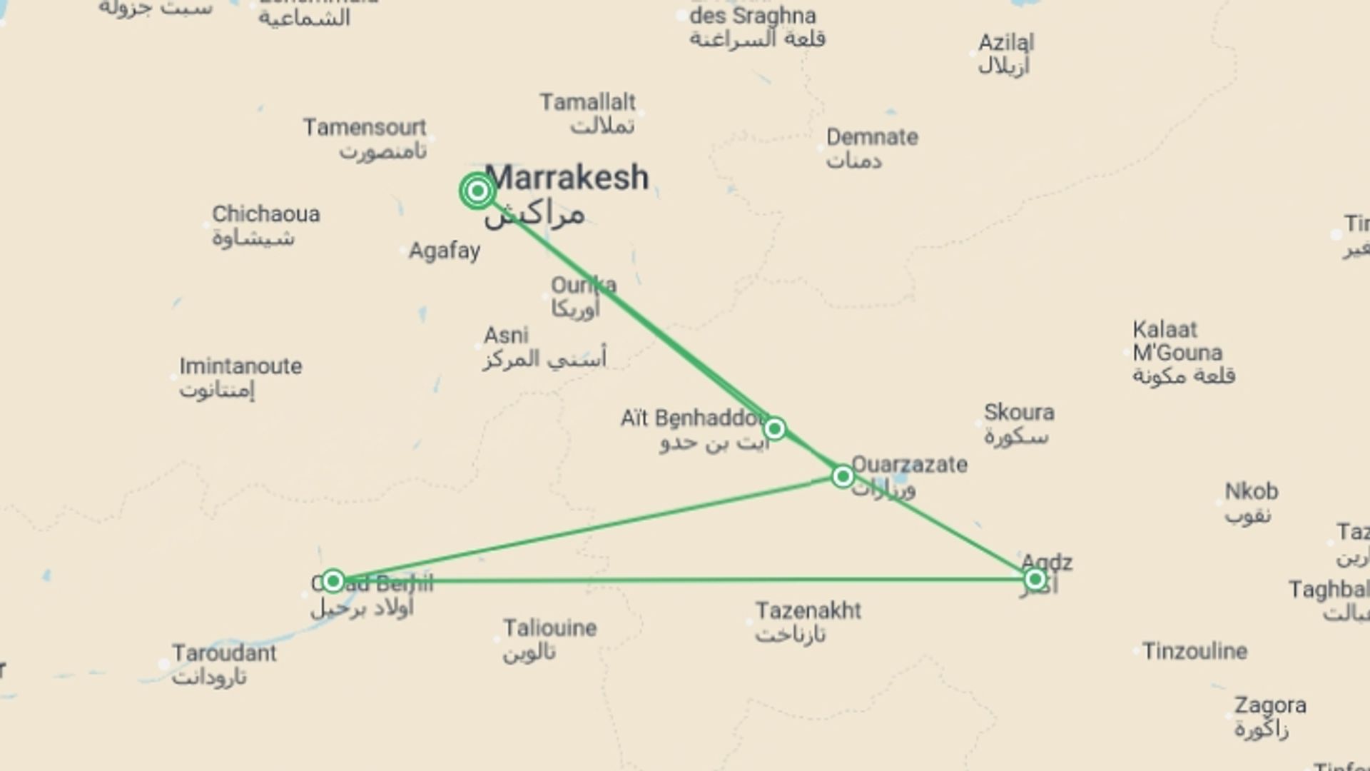 A map showing the tour itinerary for the trip: Family Atlas Mountain and Sahara Adventure, starting in Marrakech, Morocco and ending in Marrakech, Morocco going through 5 other destinations.