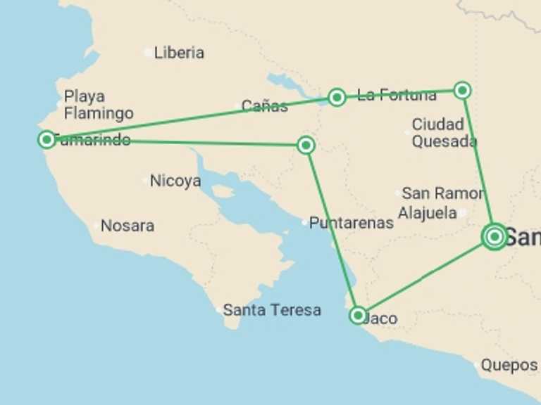 Map itinerary of Costa Rica Tour in Winter with 5 destination visits for the trip: Best of Costa Rica