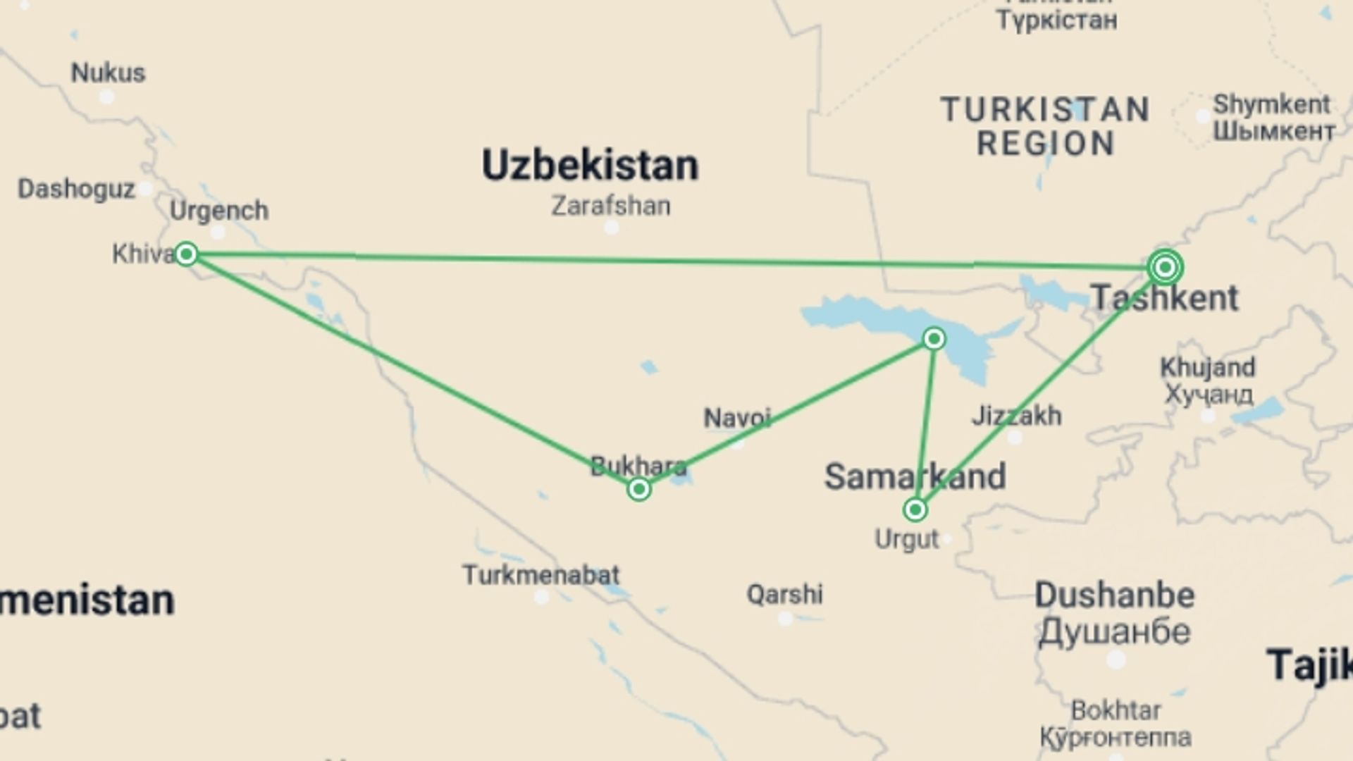 A map showing the tour itinerary for the trip: Highlights of Uzbekistan, starting in Tashkent, Uzbekistan and ending in Tashkent, Uzbekistan going through 4 other destinations.