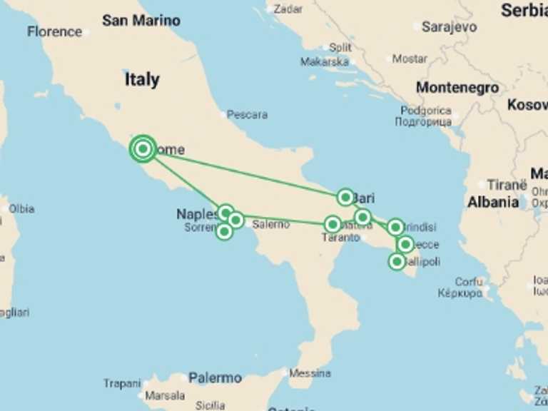 Map itinerary of Europe Tour in June 2026 with 4 destination visits for the trip: Beautiful Puglia