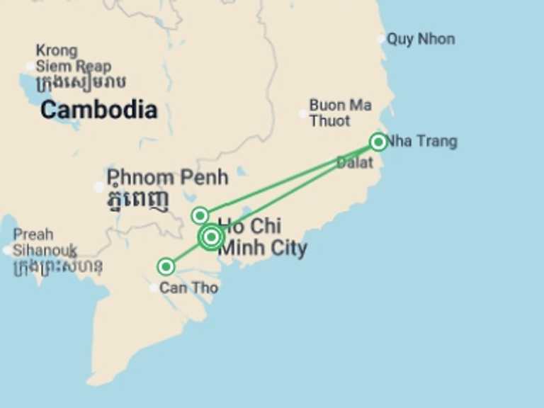 Map of 8-Day Ho Chi Minh City Tour with 2 destination visits for the trip: Mekong Delta And Nha Trang 8 Days 7 Nights