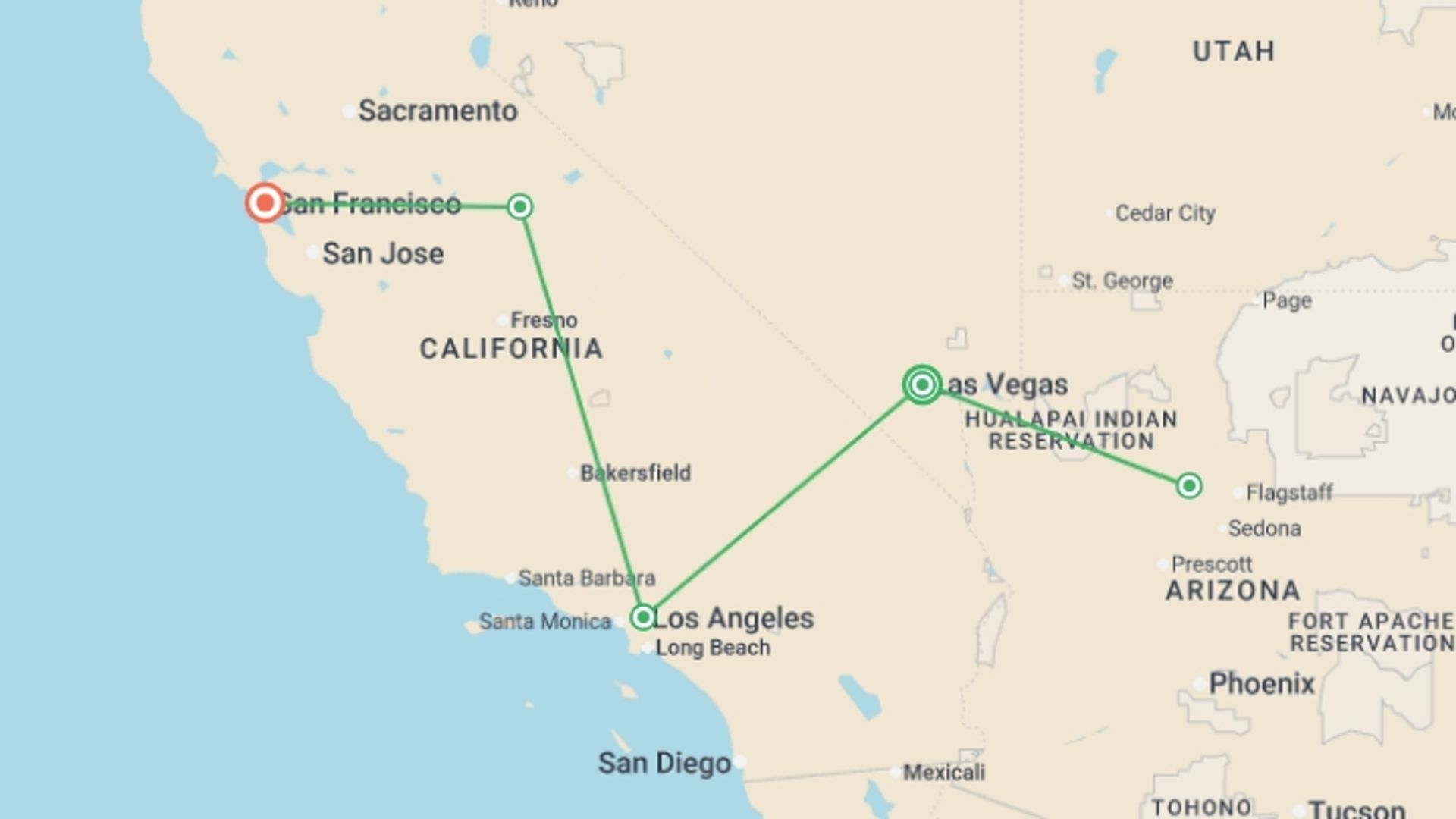A map showing the tour itinerary for the trip: Essential Vegas to Grand Canyon & San Fran - 8 days, starting in Las Vegas, USA and ending in San Francisco, USA going through 3 other destinations.