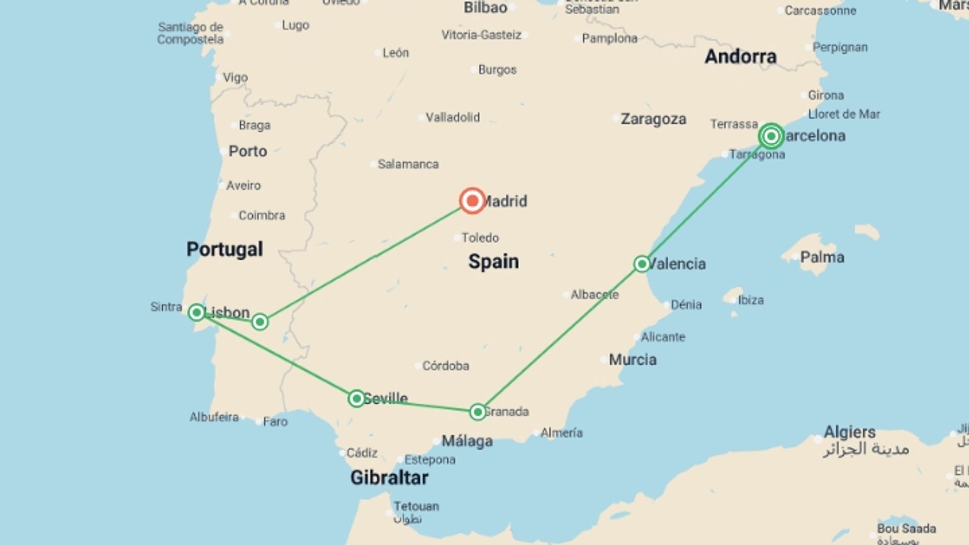 A map showing the tour itinerary for the trip: Spain and Portugal in Style, starting in Barcelona, Spain and ending in Madrid, Spain going through 5 other destinations.