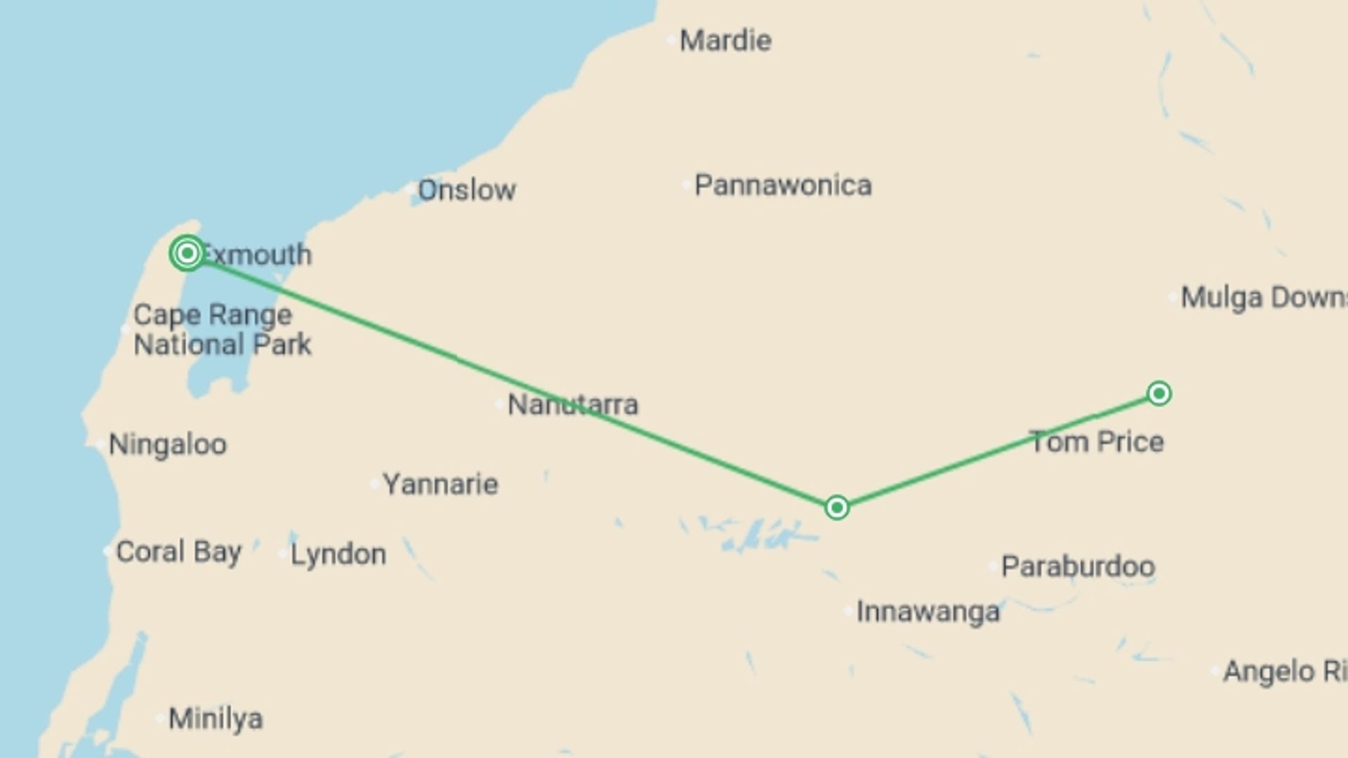 A map showing the tour itinerary for the trip: Karijini Explorer, starting in Exmouth, Australia and ending in Exmouth, Australia going through 2 other destinations.