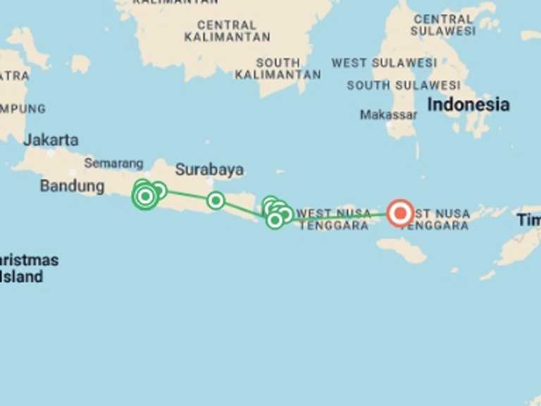 Map itinerary of Indonesia Tour in July 2027 with 12 destination visits for the trip: Indonesia: Java, Bali & Komodo Island