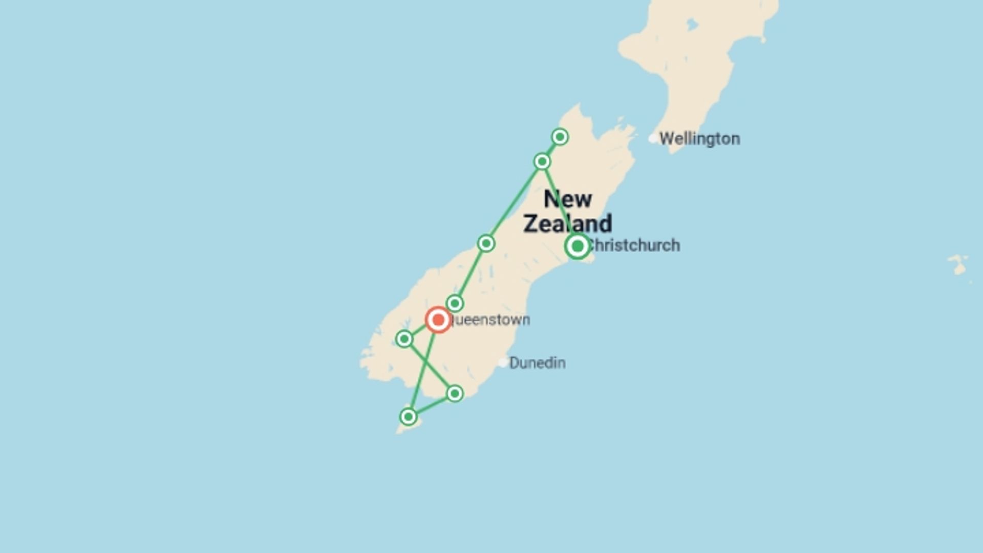 A map showing the tour itinerary for the trip: New Zealand South Island Adventure, starting in Christchurch, New Zealand and ending in Queenstown, New Zealand going through 7 other destinations.