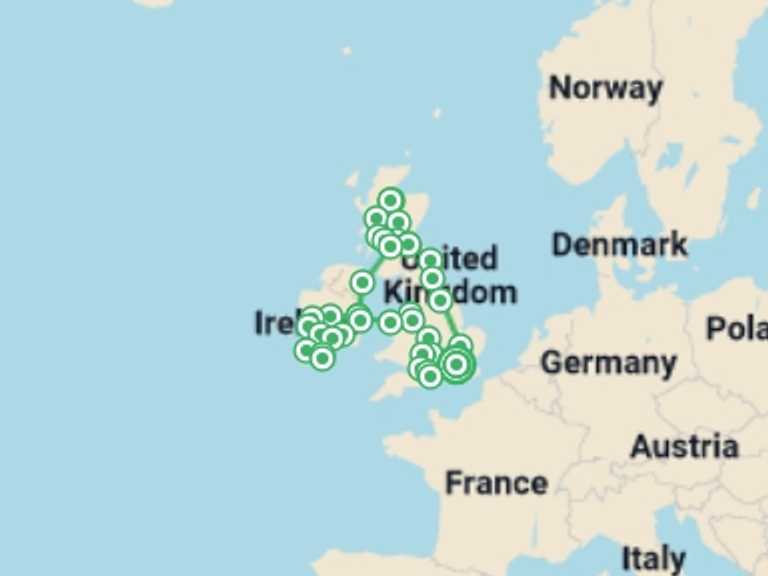 Map itinerary of Glasgow Tour in August 2026 with 12 destination visits for the trip: London, the Highlands, Ireland, and Southern England