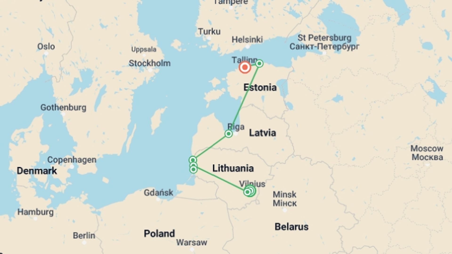 A map showing the tour itinerary for the trip: Cycling the Baltic States, starting in Vilnius, Lithuania and ending in Tallinn, Estonia going through 6 other destinations.