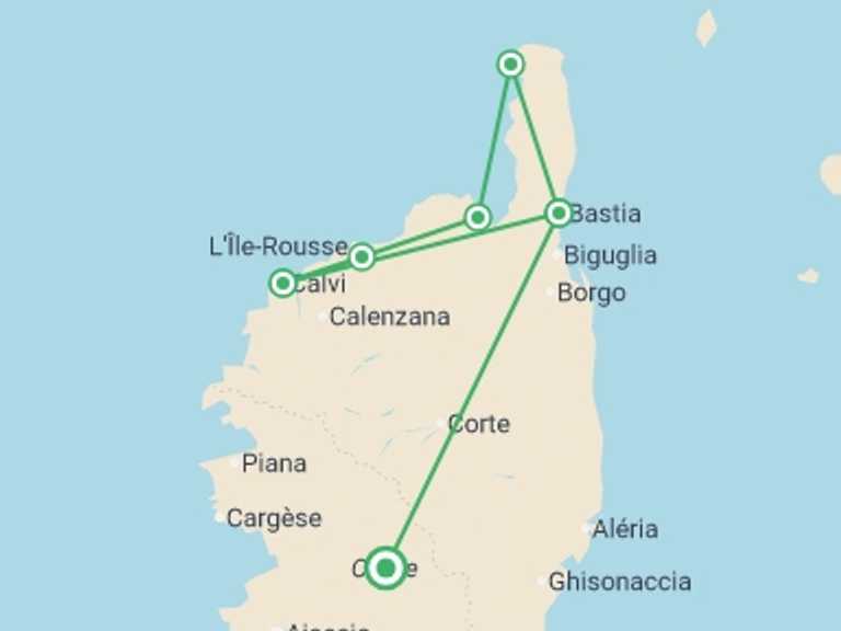 Map itinerary of Mediterranean Tour in April 2026 with 6 destination visits for the trip: Corsica with Ebike