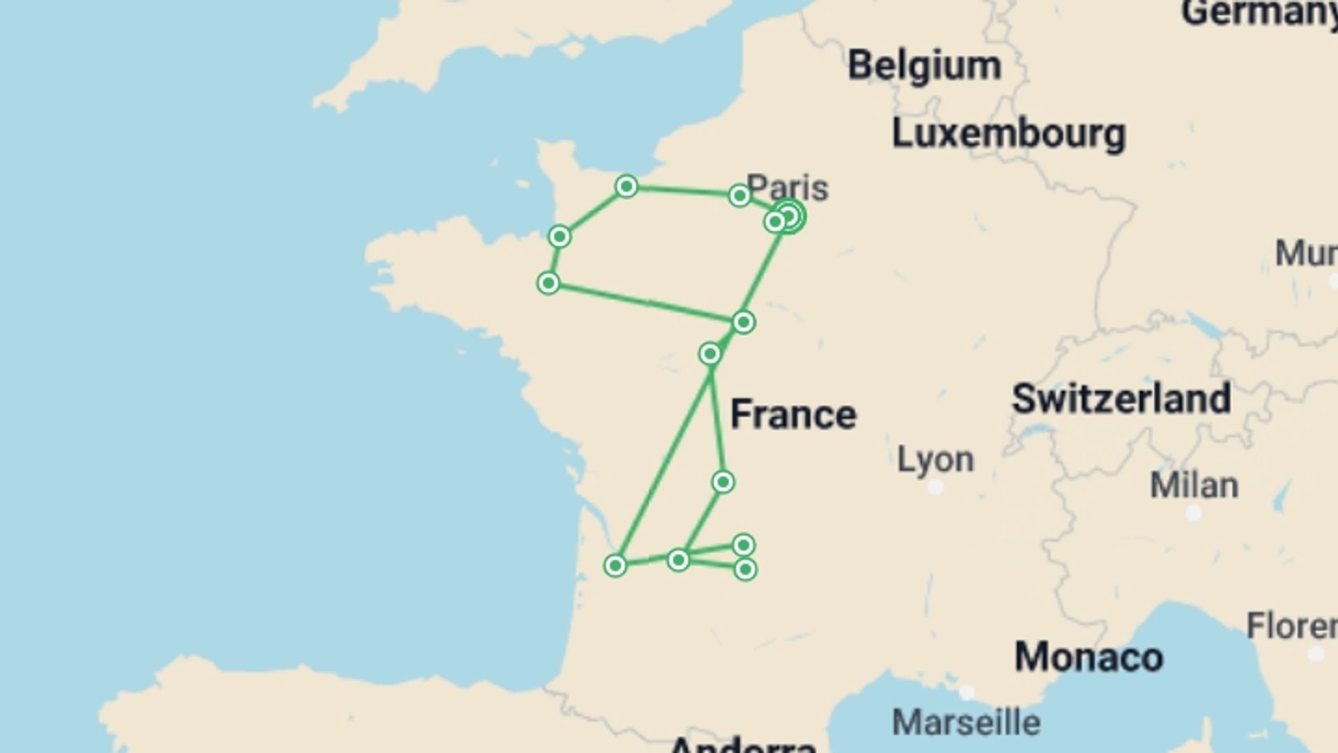 A map showing the tour itinerary for the trip: Treasures of France, starting in Paris, France and ending in Paris, France going through 6 other destinations.