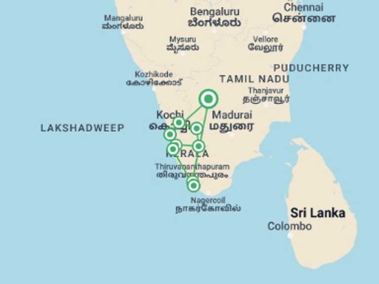 Map of Trivandrum Tour with 10 destination visits for the trip: Kerala - Beaches, Backwaters and Waterfalls