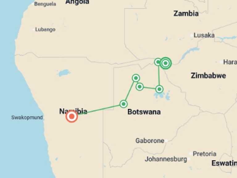 Map itinerary of Africa Tour in February 2026 with 7 destination visits for the trip: Victoria Falls to Windhoek Overland Safari & Participation Camping