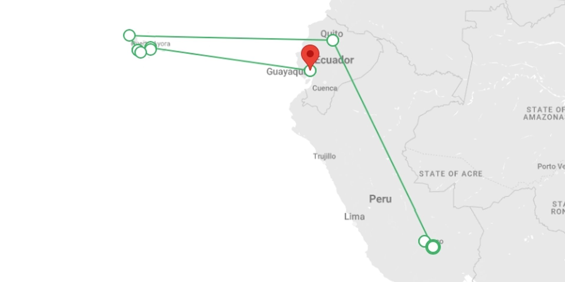 A map showing the tour itinerary for the trip: Machu Picchu and Galapagos, starting in Cusco, Peru and ending in Quito, Ecuador going through 7 other destinations.