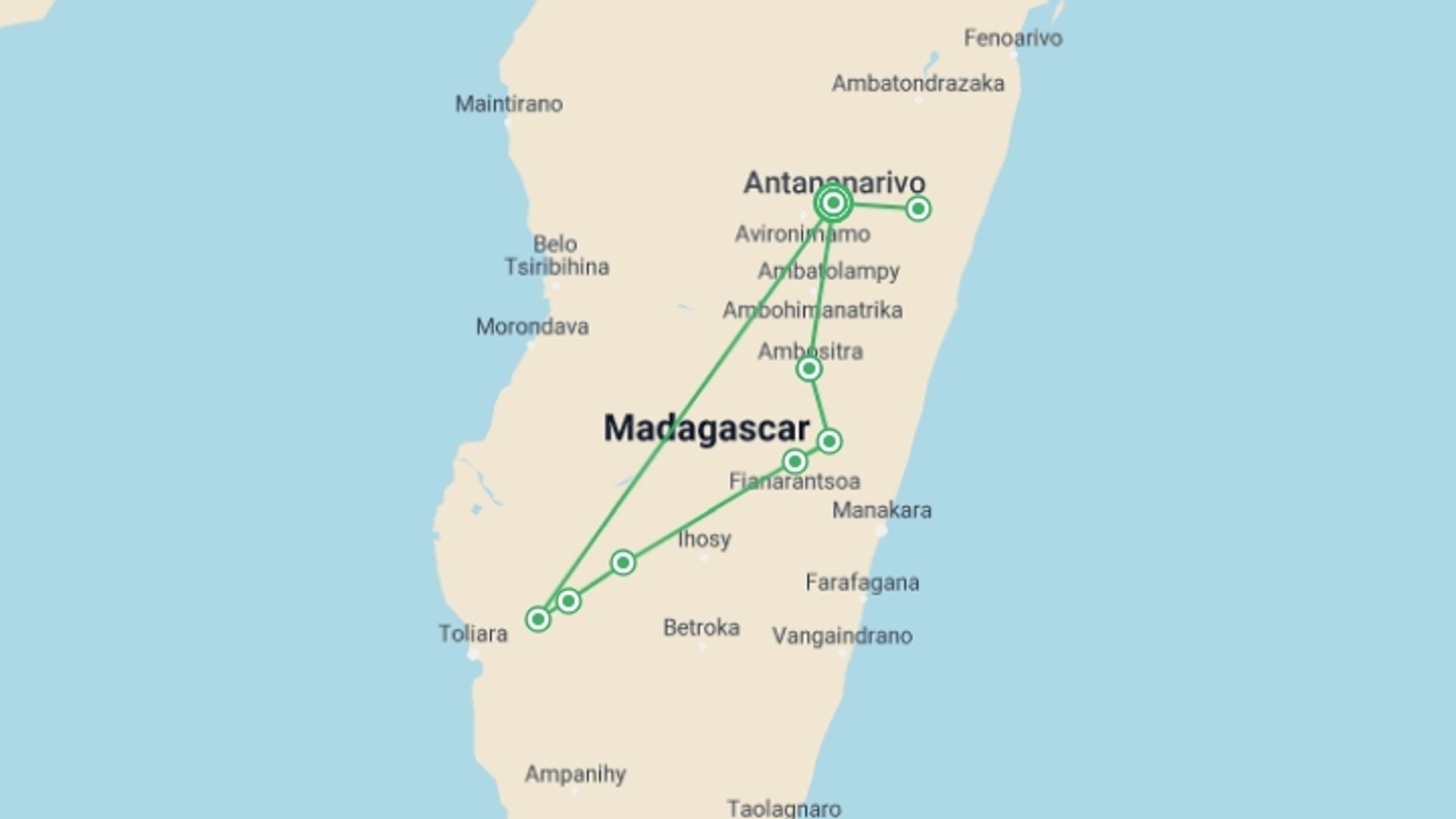 A map showing the tour itinerary for the trip: Madagascar's Southern Charm, starting in Antananarivo, Madagascar and ending in Antananarivo, Madagascar going through 9 other destinations.