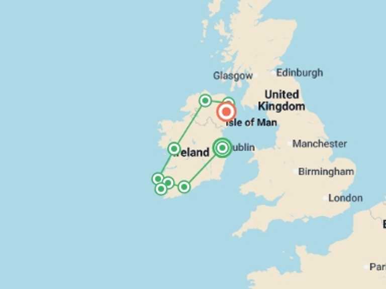 Map of Europe Natural landmarks sightseeing Tour with 9 destination visits for the trip: Country Roads of Ireland - Premium