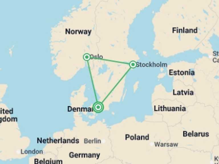 Map of Europe Tour with 3 destination visits for the trip: Copenhagen, Oslo & Stockholm - 10 days