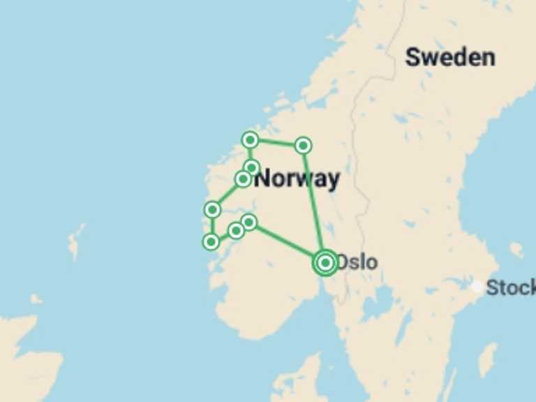 Map itinerary of Europe Tour in September 2026 with 6 destination visits for the trip: Fjords, Charms & Traditions - 8 days