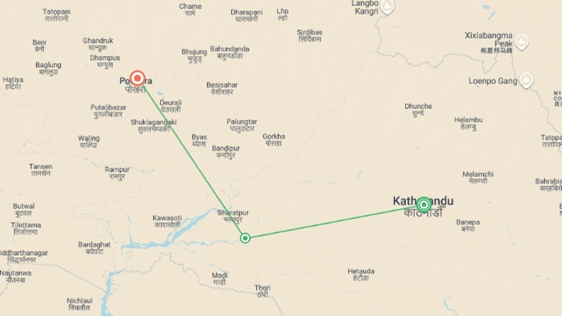 A map showing the tour itinerary for the trip: Nepal Adventure Week - 7 days, starting in Kathmandu, Nepal and ending in Pokhara, Nepal going through 3 other destinations.