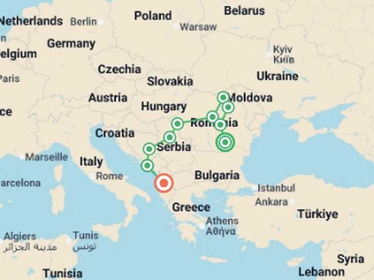 Map itinerary of Mediterranean Tour in July 2026 with 10 destination visits for the trip: Balkan Tour – Ending in Tirana