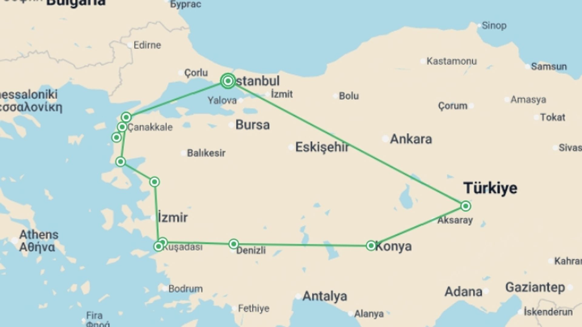 A map showing the tour itinerary for the trip: ANZAC Memorial Tour of Turkey - 11 days, starting in Istanbul, Turkey and ending in Istanbul, Turkey going through 5 other destinations.