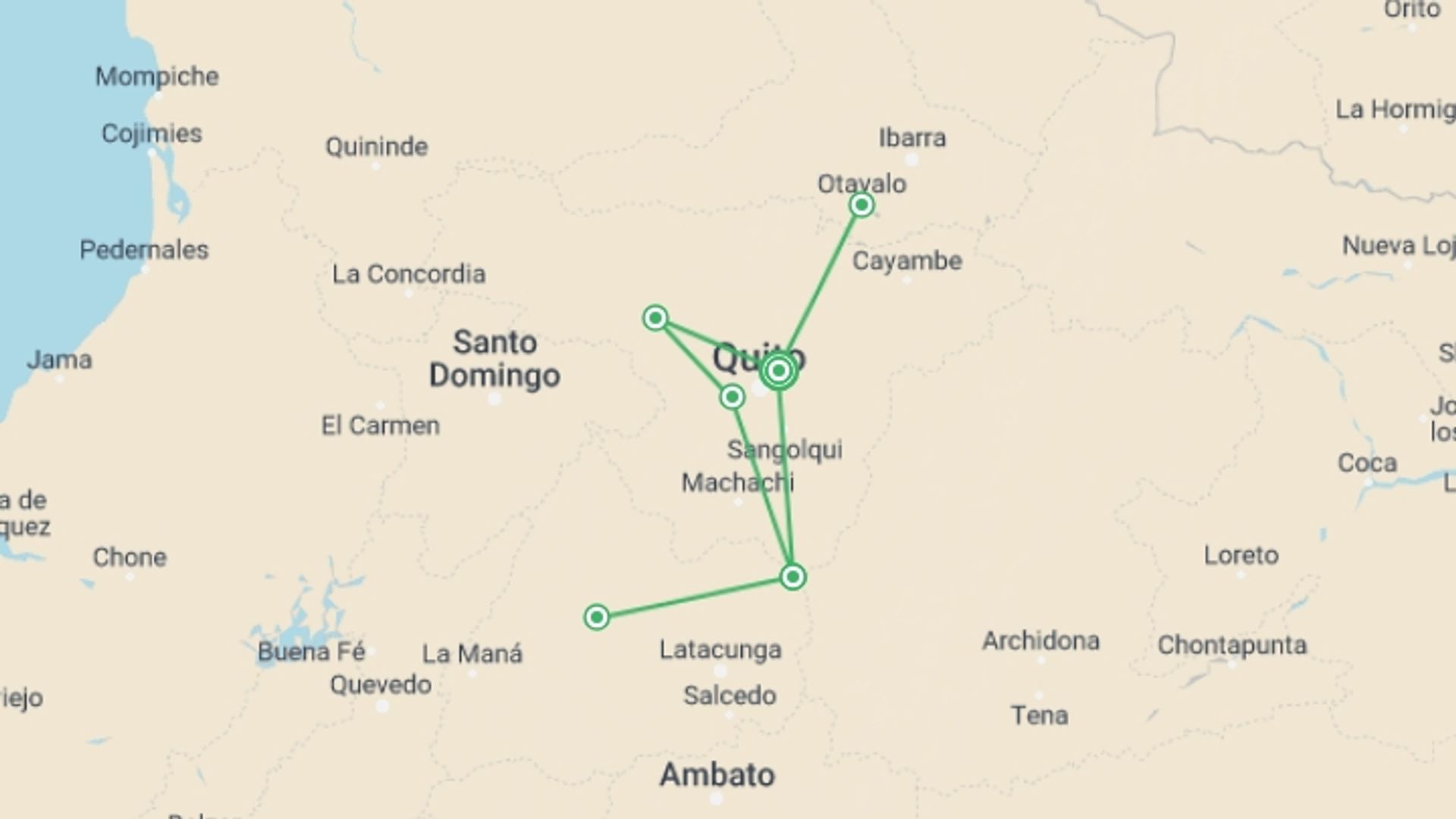 A map showing the tour itinerary for the trip: Ecuador MTB Paradise Circuit, starting in Quito, Ecuador and ending in Quito, Ecuador going through 5 other destinations.