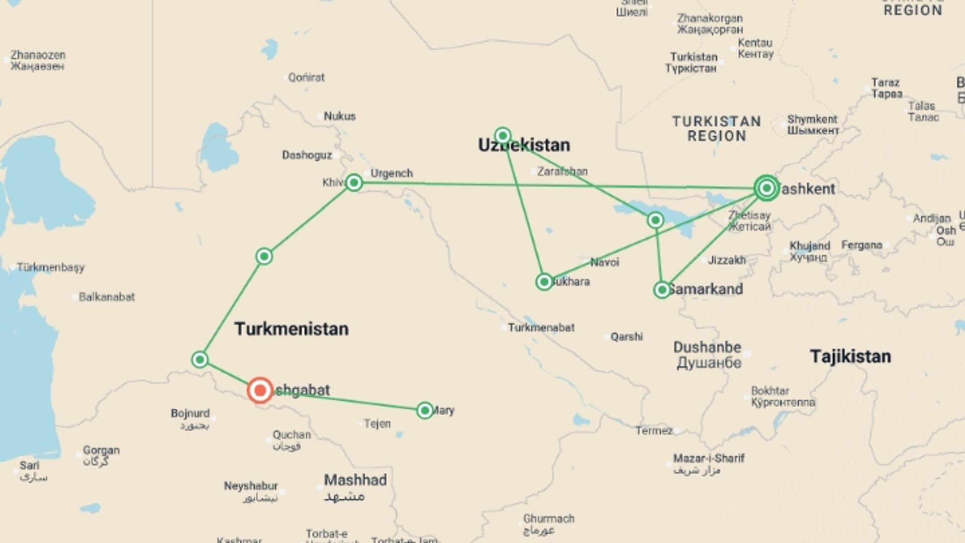A map showing the tour itinerary for the trip: Uzbekistan & Turkmenistan Adventure, starting in Tashkent, Uzbekistan and ending in Ashgabat, Turkmenistan going through 8 other destinations.