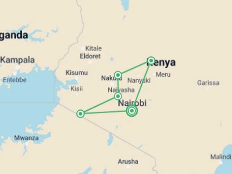 Map of 9-Day Nairobi Tour with 5 destination visits for the trip: Scenic Kenya Safari, Private Tour