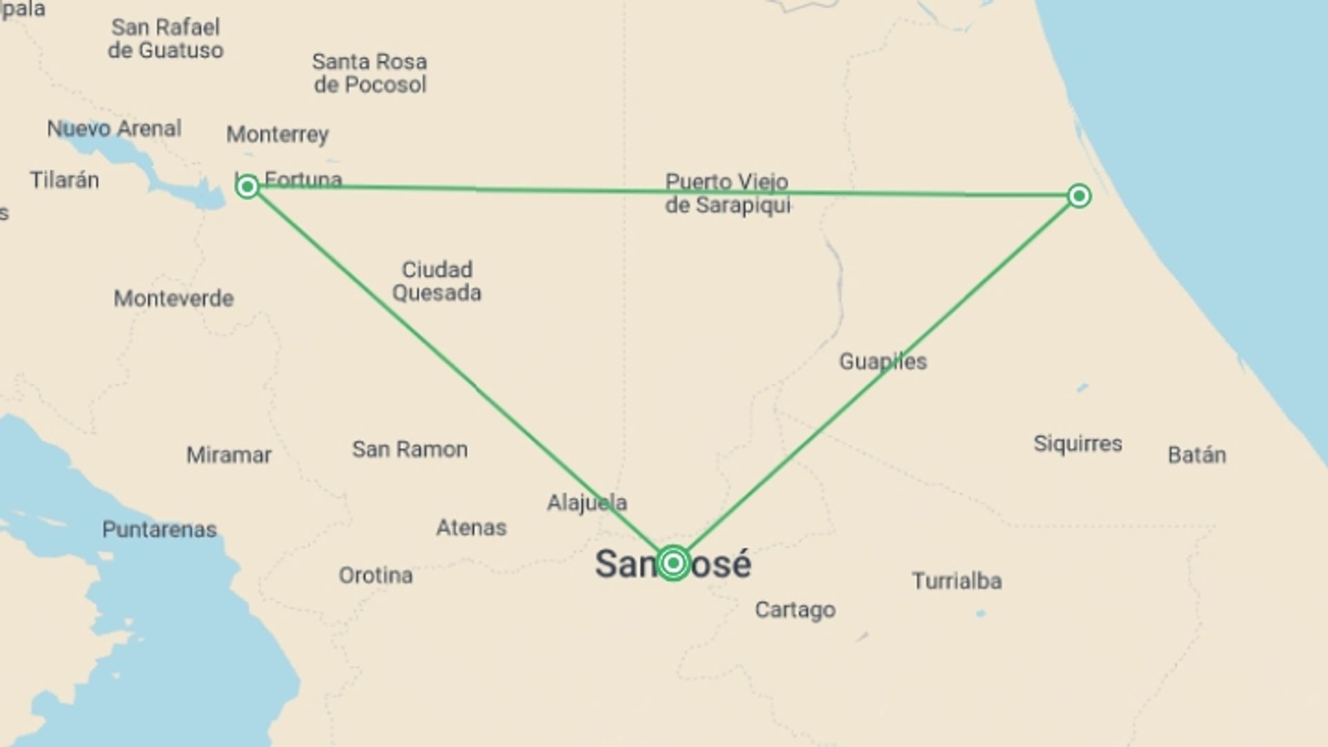 A map showing the tour itinerary for the trip: Adventures in Nature, starting in San Jose, Costa Rica and ending in San Jose, Costa Rica going through 2 other destinations.