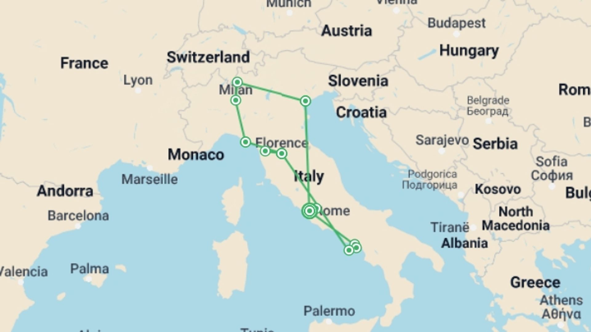 A map showing the tour itinerary for the trip: Unforgettable Gems of Italy, starting in Rome, Italy and ending in Rome, Italy going through 16 other destinations.