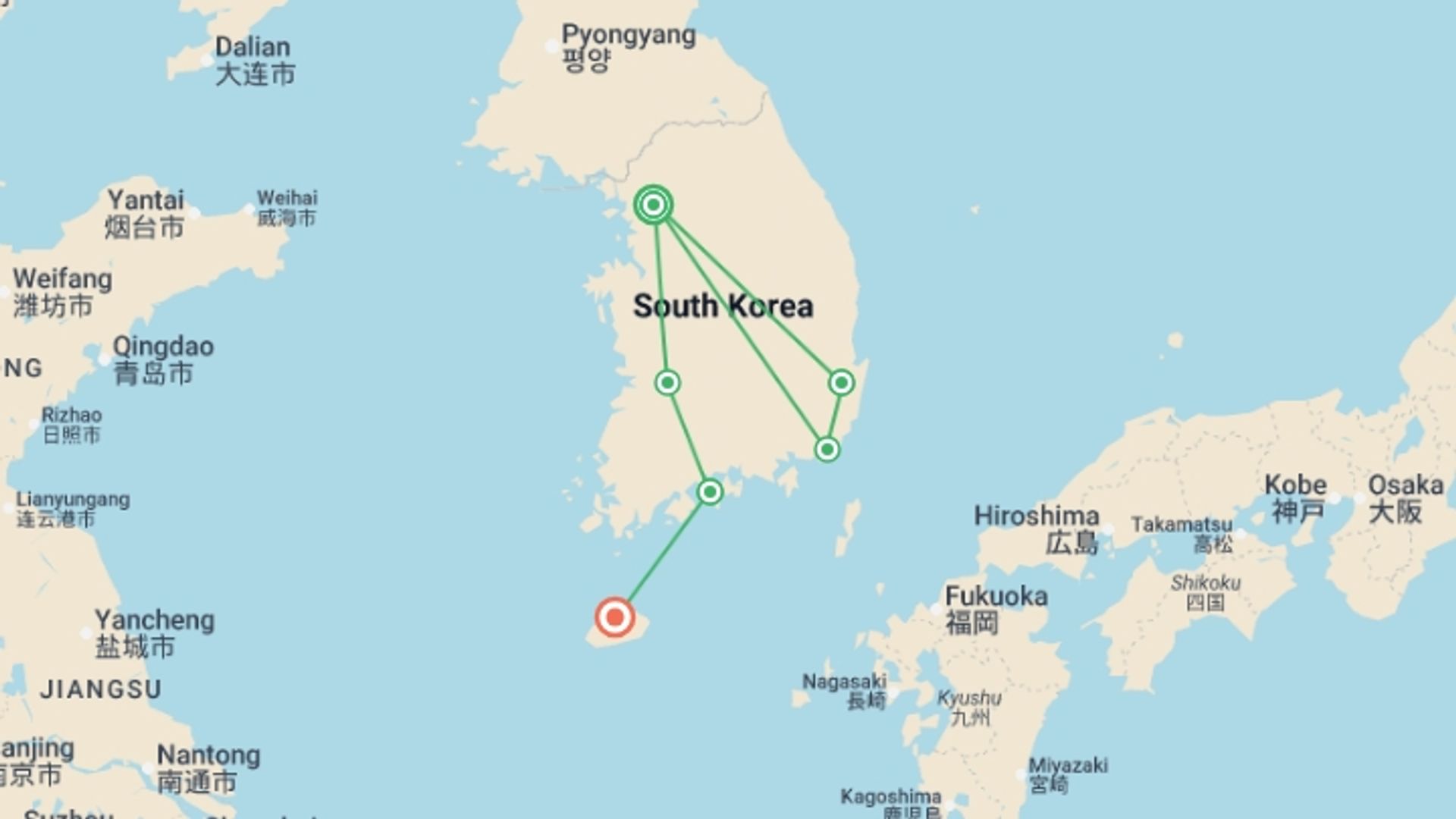 A map showing the tour itinerary for the trip: Essential Korea, starting in Seoul, South Korea and ending in Jeju, South Korea going through 4 other destinations.