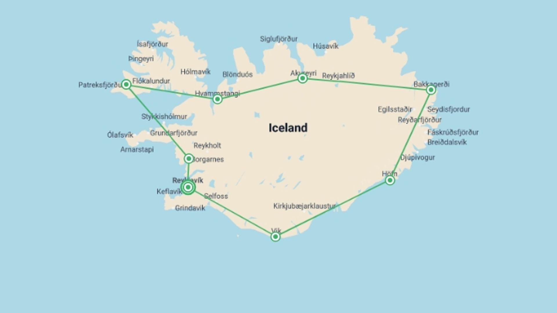 A map showing the tour itinerary for the trip: Grand Tour Of Iceland, starting in Reykjavik, Iceland and ending in Reykjavik, Iceland going through 7 other destinations.