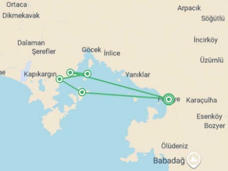 Map itinerary of Europe Tour in May 2026 with 5 destination visits for the trip: Gulf of Fethiye Cruise - 8 days