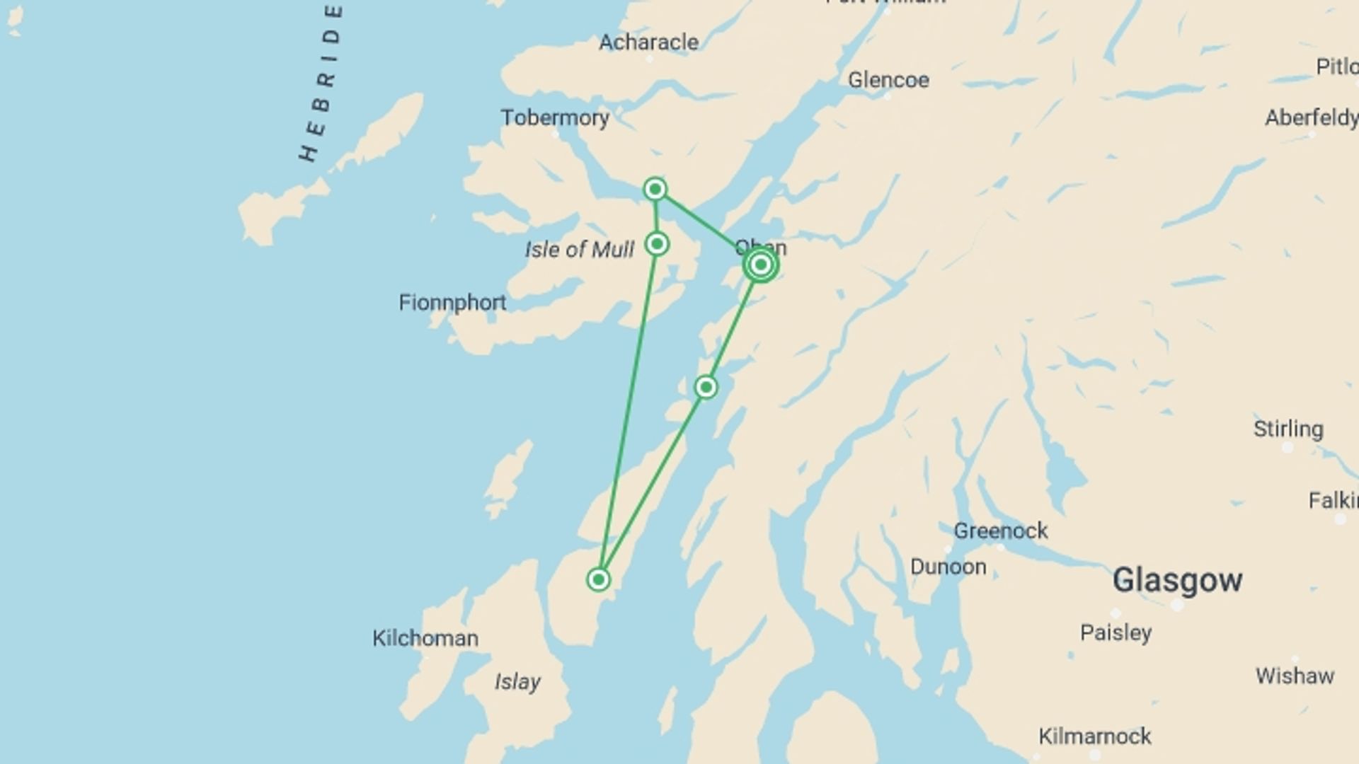 A map showing the tour itinerary for the trip: Scotland by Bike and Boat, starting in Oban, Scotland and ending in Oban, Scotland going through 4 other destinations.