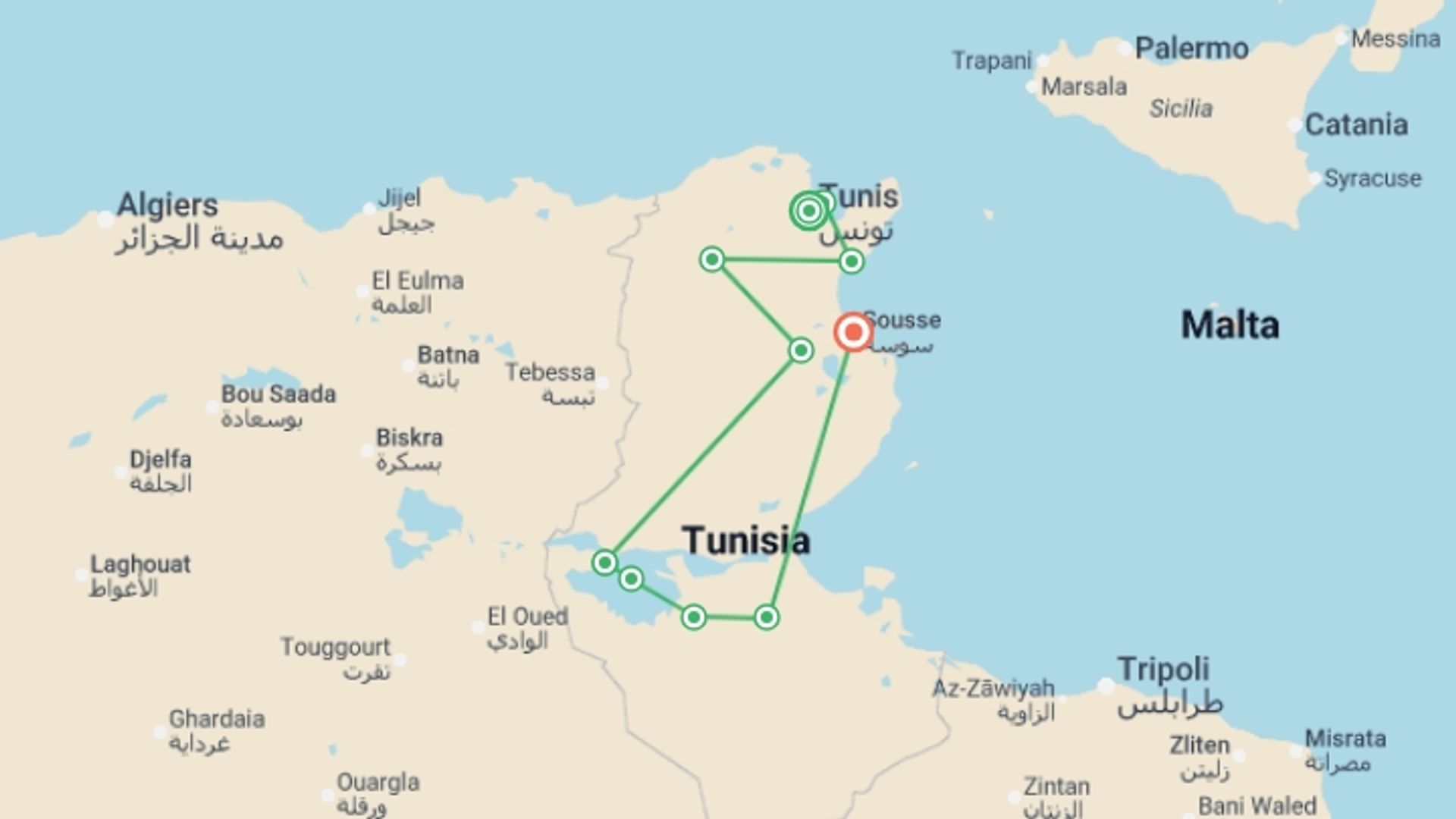 A map showing the tour itinerary for the trip: Tunisia Tour, Small Group Tour, starting in Tunis, Tunisia and ending in Sousse, Tunisia going through 4 other destinations.