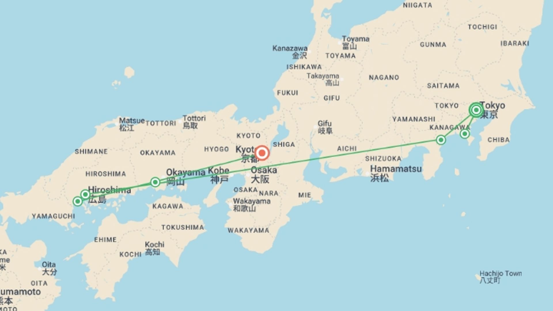 A map showing the tour itinerary for the trip: Upgraded - Discover Japan, starting in Tokyo, Japan and ending in Kyoto, Japan going through 5 other destinations.