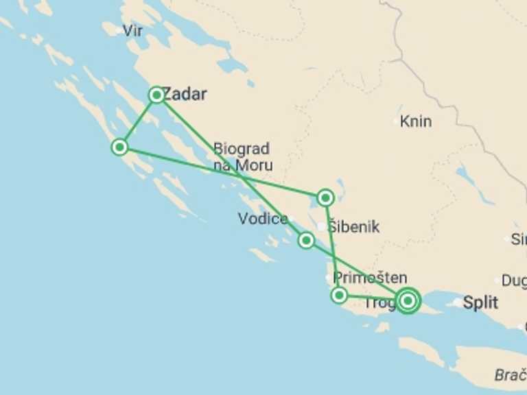 Map itinerary of Trogir Tour in October 2026 with 6 destination visits for the trip: North Dalmatia Bike and Boat