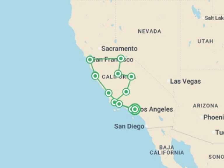 Map itinerary of USA Tour in December 2026 with 5 destination visits for the trip: Fascinating West
