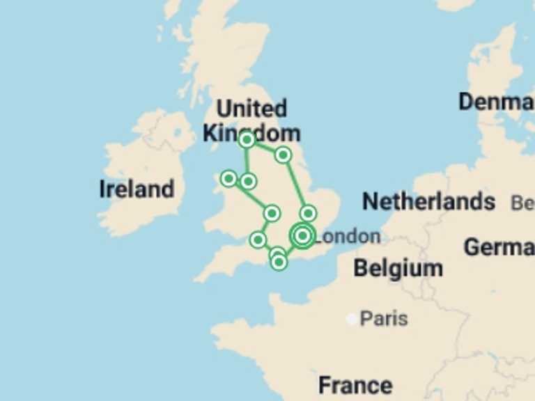 Map of Europe Tour with 9 destination visits for the trip: British Gardens and the Chelsea Flower Show