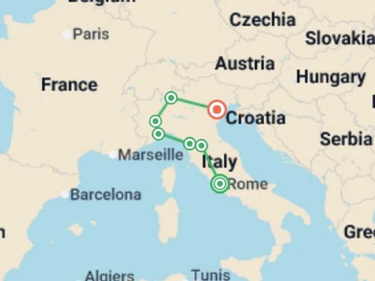 Map itinerary of Mediterranean Tour in July 2026 with 7 destination visits for the trip: Best of Italy