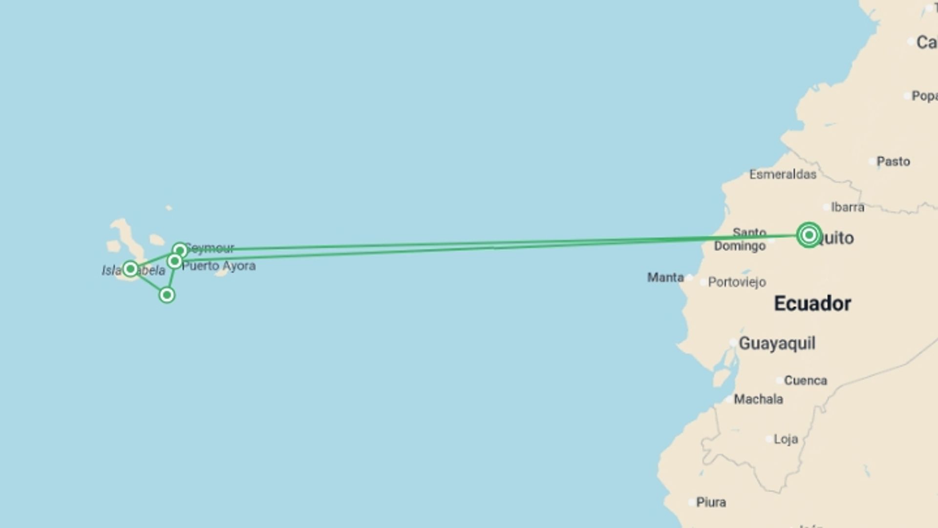 A map showing the tour itinerary for the trip: Galapagos Encounter: Southern Islands (Grand Queen Beatriz), starting in Quito, Ecuador and ending in Quito, Ecuador going through 4 other destinations.