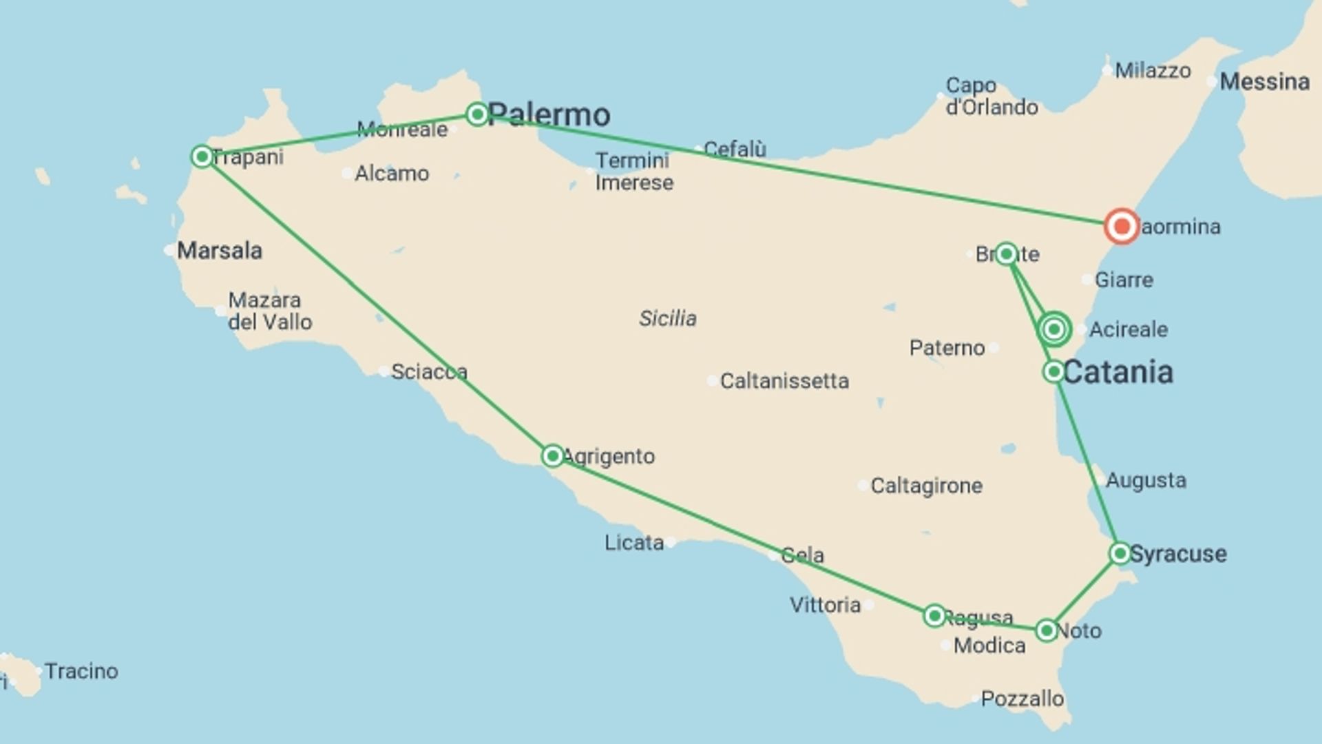 A map showing the tour itinerary for the trip: Highlights of Sicily, starting in Viagrande, Italy and ending in Taormina, Italy going through 6 other destinations.