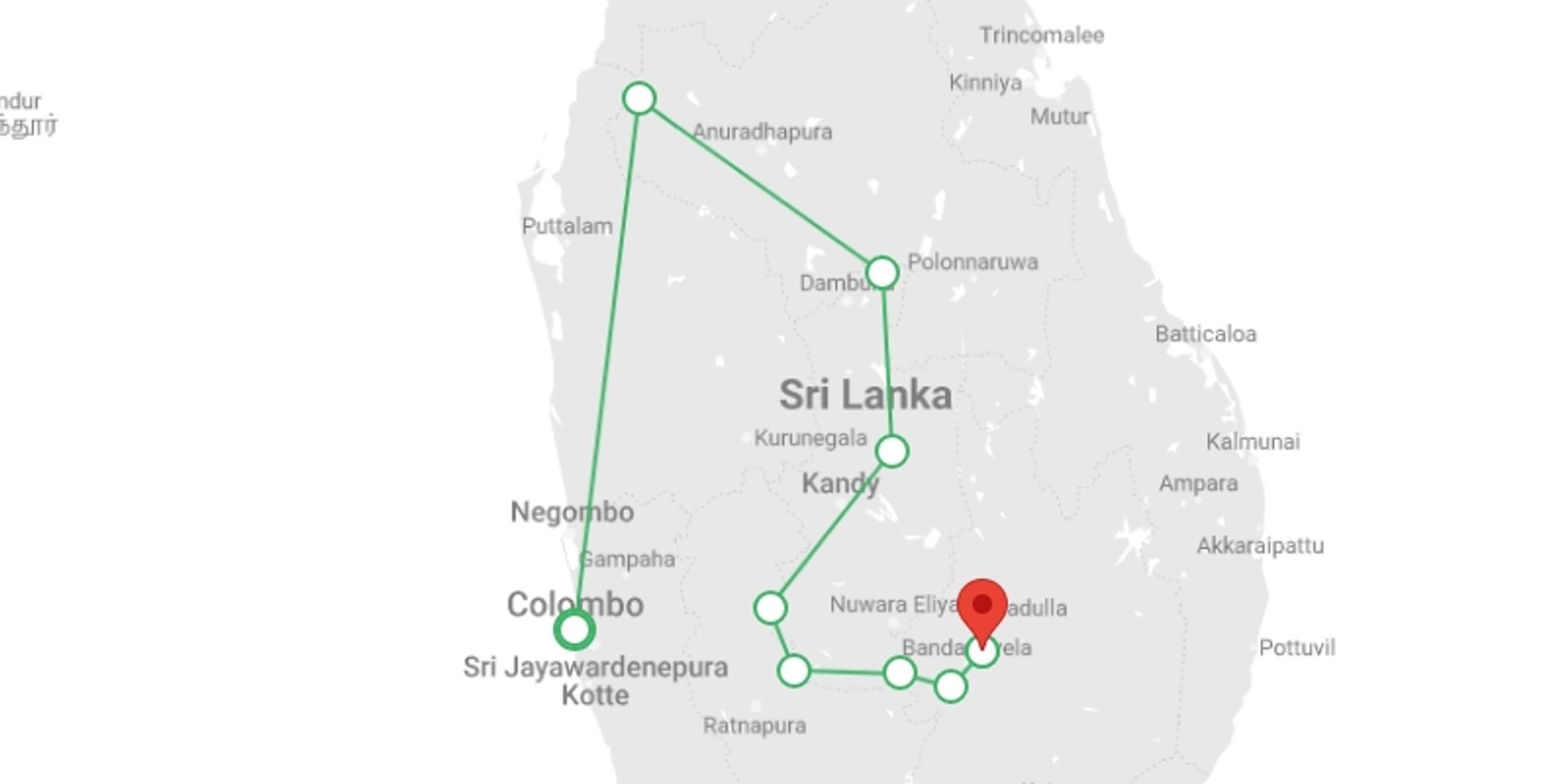 A map showing the tour itinerary for the trip: Trek, Cycle and go off the beaten Sri Lanka, starting in Colombo, Sri Lanka and ending in Ella, Sri Lanka going through 3 other destinations.