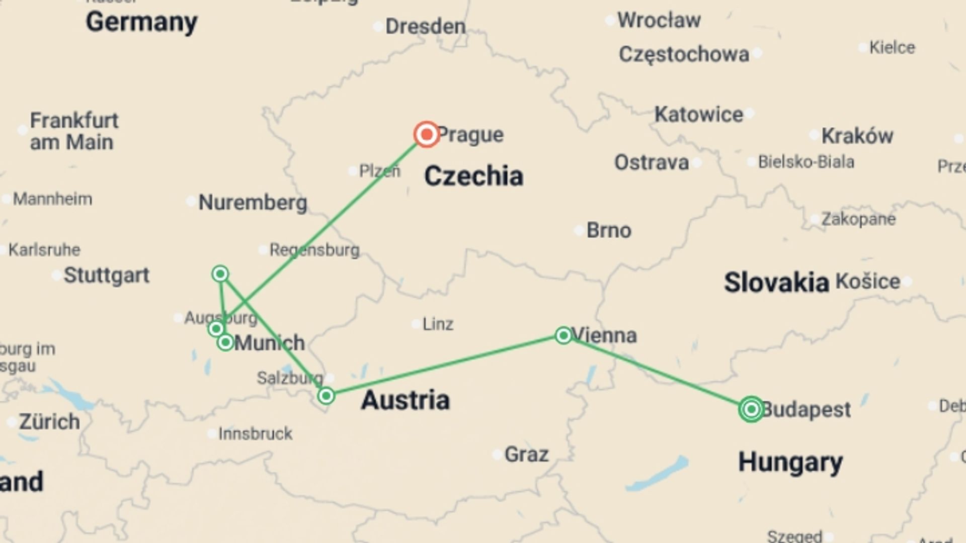 A map showing the tour itinerary for the trip: Harmony of Central Europe, starting in Budapest, Hungary and ending in Prague, Czech Republic going through 6 other destinations.