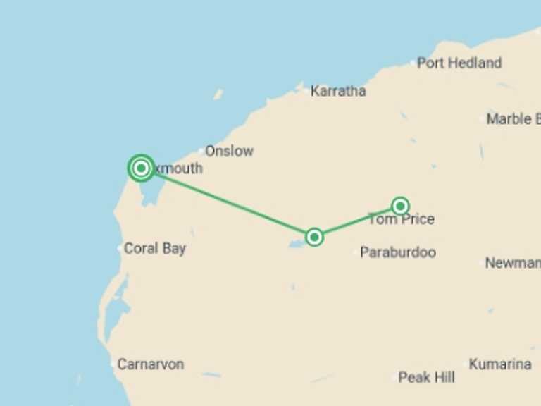 Map of Oceania Explorer Tour with 3 destination visits for the trip: Karijini Explorer