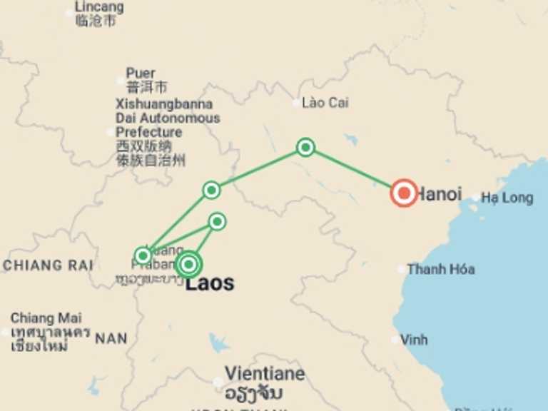 Map itinerary of Asia Tour in October 2026 with 6 destination visits for the trip: Luang Prabang to Hanoi - 12 days 