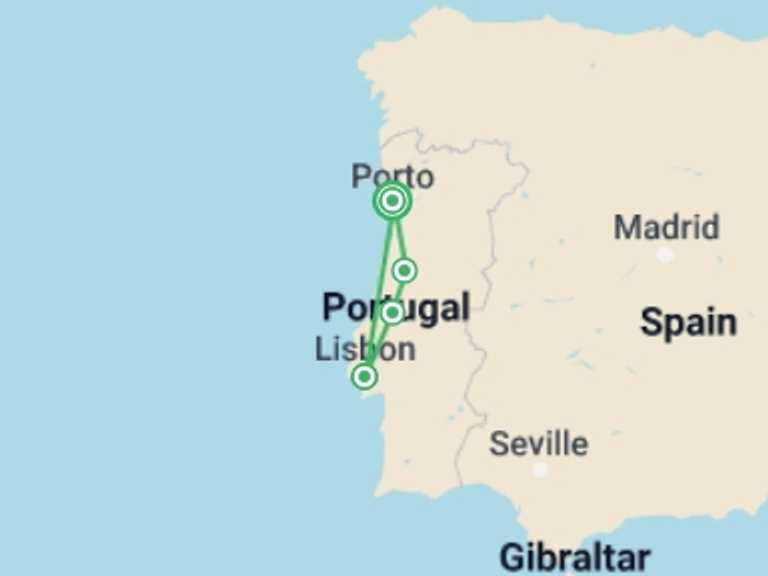 Map of 6-Day Porto Tour with 3 destination visits for the trip: Lisbon, Fatima & Coimbra, 6 Day Tour From Porto